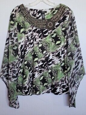 Alfani XL Beaded Animal Print Blouson Blouse Green Black Cape Sleeve